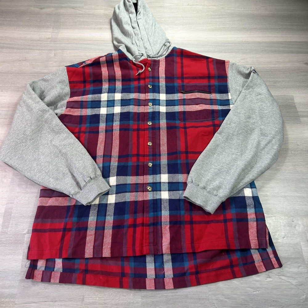 VINTAGE Eddie Bauer EBTEK Shirt Mens 2XLT Red Plaid Hooded Flannel Button Up
